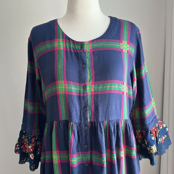 Anthropologie Bombey & Paisley Plaid Shirt Dress XL – Ruffle Sleeves 100% Cotton - Picture 5 of 12